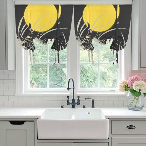Yellow Moonlight Tie Up Curtains for Window, Modern Rustic Rabbits Botanical Thermal Insulated Balloon Shade Adjustable Rod Pocket Curtains Valance Panels for Kitchen Bathroom Café 34'' x 45'' in Saudi Arabia