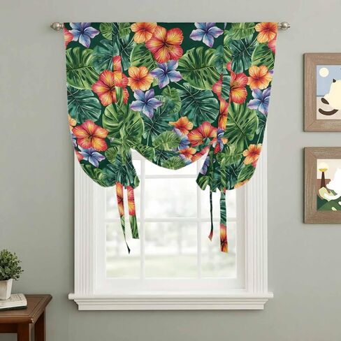 Tropical Botanical Tie Up Curtains for Window, Summer Watercolor Leaves Flowers Thermal Insulated Balloon Shade Adjustable Rod Pocket Curtains Valance Panels for Kitchen Bathroom Café 42'' x 63'' in Saudi Arabia