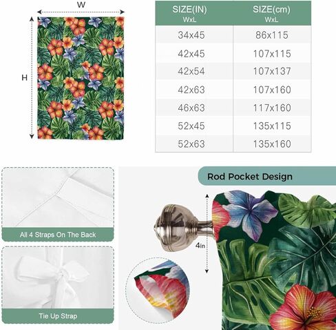 Tropical Botanical Tie Up Curtains for Window, Summer Watercolor Leaves Flowers Thermal Insulated Balloon Shade Adjustable Rod Pocket Curtains Valance Panels for Kitchen Bathroom Café 42'' x 63'' in Saudi Arabia