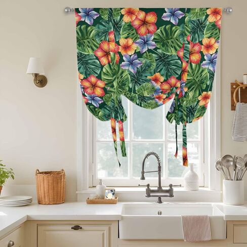 Tropical Botanical Tie Up Curtains for Window, Summer Watercolor Leaves Flowers Thermal Insulated Balloon Shade Adjustable Rod Pocket Curtains Valance Panels for Kitchen Bathroom Café 42'' x 63'' in Saudi Arabia