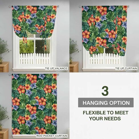 Tropical Botanical Tie Up Curtains for Window, Summer Watercolor Leaves Flowers Thermal Insulated Balloon Shade Adjustable Rod Pocket Curtains Valance Panels for Kitchen Bathroom Café 42'' x 63'' in Saudi Arabia