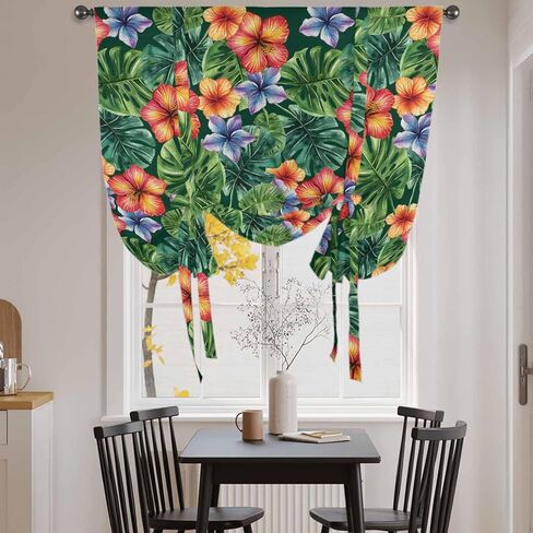 Tropical Botanical Tie Up Curtains for Window, Summer Watercolor Leaves Flowers Thermal Insulated Balloon Shade Adjustable Rod Pocket Curtains Valance Panels for Kitchen Bathroom Café 42'' x 63'' in Saudi Arabia
