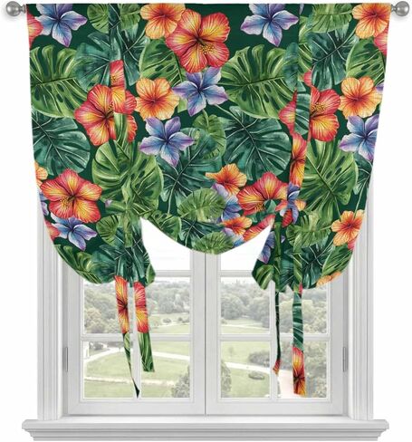 Tropical Botanical Tie Up Curtains for Window, Summer Watercolor Leaves Flowers Thermal Insulated Balloon Shade Adjustable Rod Pocket Curtains Valance Panels for Kitchen Bathroom Café 42'' x 63'' in Saudi Arabia