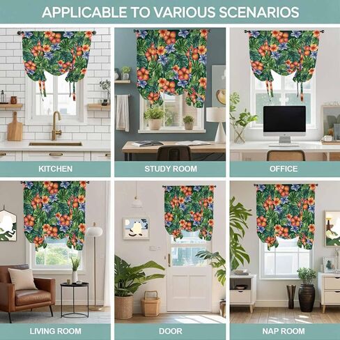 Tropical Botanical Tie Up Curtains for Window, Summer Watercolor Leaves Flowers Thermal Insulated Balloon Shade Adjustable Rod Pocket Curtains Valance Panels for Kitchen Bathroom Café 42'' x 63'' in Saudi Arabia