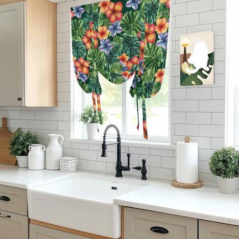 Tropical Botanical Tie Up Curtains for Window, Summer Watercolor Leaves Flowers Thermal Insulated Balloon Shade Adjustable Rod Pocket Curtains Valance Panels for Kitchen Bathroom Café 42'' x 63'' in Saudi Arabia