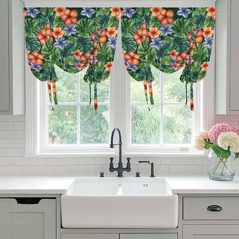 Tropical Botanical Tie Up Curtains for Window, Summer Watercolor Leaves Flowers Thermal Insulated Balloon Shade Adjustable Rod Pocket Curtains Valance Panels for Kitchen Bathroom Café 42'' x 63'' in Saudi Arabia