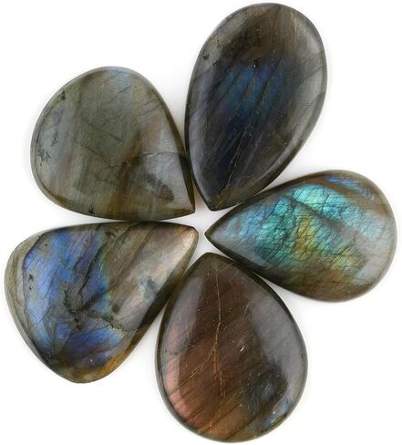 ColouredRocks (5 قطع) (30-40 مم) أحجار كريمة كابوشون كبيرة على شكل كمثرى من اللابرادوريت للشفاء والتأمل والحماية، بلورات طبيعية فضفاضة، ظهر مسطح بالجملة، مستلزمات صناعة المجوهرات، DIY، الصياغة in Kuwait