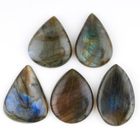 ColouredRocks (5 قطع) (30-40 مم) أحجار كريمة كابوشون كبيرة على شكل كمثرى من اللابرادوريت للشفاء والتأمل والحماية، بلورات طبيعية فضفاضة، ظهر مسطح بالجملة، مستلزمات صناعة المجوهرات، DIY، الصياغة in Kuwait