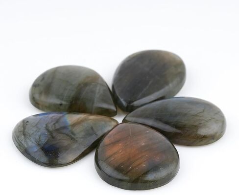 ColouredRocks (5 قطع) (30-40 مم) أحجار كريمة كابوشون كبيرة على شكل كمثرى من اللابرادوريت للشفاء والتأمل والحماية، بلورات طبيعية فضفاضة، ظهر مسطح بالجملة، مستلزمات صناعة المجوهرات، DIY، الصياغة in Kuwait