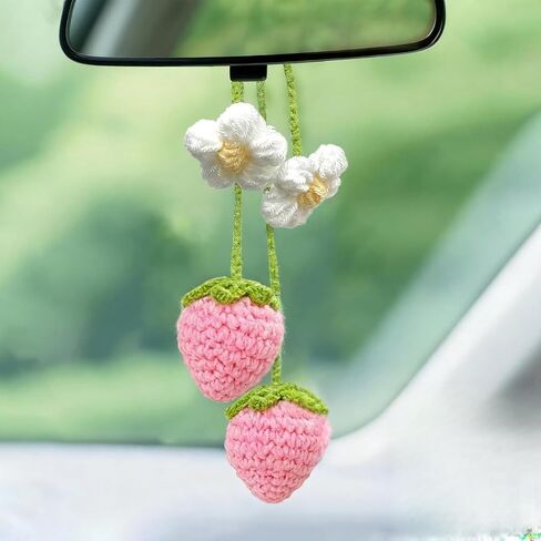Handmade Crochet Strawberry Car Hanging Ornament - Boho Aesthetic Cute Vehicle Decor for Women, Girls and Teens, 2 Pack Strawberry Vehicle Accessories Decor, Ideal Crochet Gifts for Crocheters in Kuwait