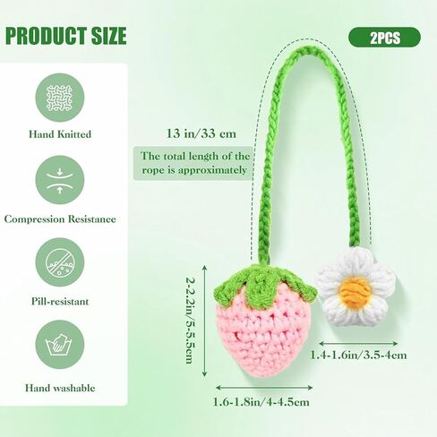 Handmade Crochet Strawberry Car Hanging Ornament - Boho Aesthetic Cute Vehicle Decor for Women, Girls and Teens, 2 Pack Strawberry Vehicle Accessories Decor, Ideal Crochet Gifts for Crocheters in Kuwait