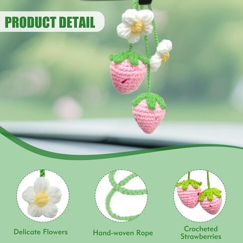 Handmade Crochet Strawberry Car Hanging Ornament - Boho Aesthetic Cute Vehicle Decor for Women, Girls and Teens, 2 Pack Strawberry Vehicle Accessories Decor, Ideal Crochet Gifts for Crocheters in Kuwait