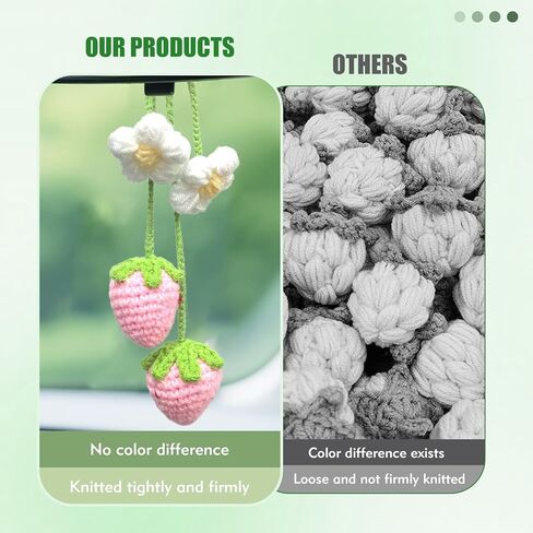 Handmade Crochet Strawberry Car Hanging Ornament - Boho Aesthetic Cute Vehicle Decor for Women, Girls and Teens, 2 Pack Strawberry Vehicle Accessories Decor, Ideal Crochet Gifts for Crocheters in Kuwait