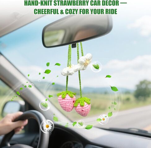 Handmade Crochet Strawberry Car Hanging Ornament - Boho Aesthetic Cute Vehicle Decor for Women, Girls and Teens, 2 Pack Strawberry Vehicle Accessories Decor, Ideal Crochet Gifts for Crocheters in Kuwait