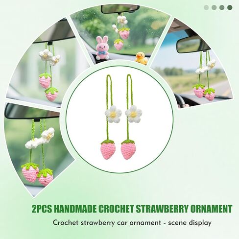 Handmade Crochet Strawberry Car Hanging Ornament - Boho Aesthetic Cute Vehicle Decor for Women, Girls and Teens, 2 Pack Strawberry Vehicle Accessories Decor, Ideal Crochet Gifts for Crocheters in Kuwait