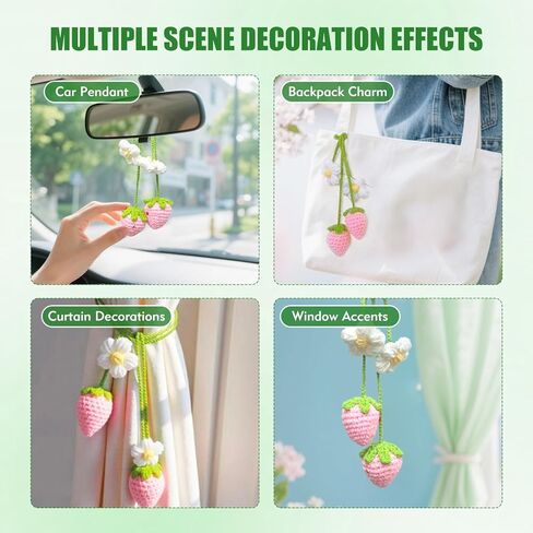 Handmade Crochet Strawberry Car Hanging Ornament - Boho Aesthetic Cute Vehicle Decor for Women, Girls and Teens, 2 Pack Strawberry Vehicle Accessories Decor, Ideal Crochet Gifts for Crocheters in Kuwait