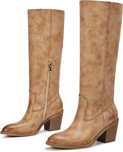 wetkiss Women's Knee High Cowboy Boots - Western Cowgirl Boots with Almond Toe, Comfortable Ultra-Thin PU Leather, Chunky Heel, Pull On Tall Boots in Kuwait