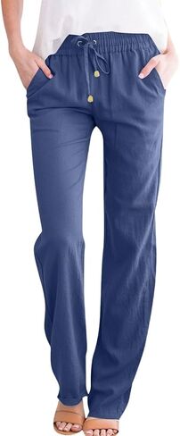 Cotton Linen Pants for Women,Summer Casual Lightweight Drawstring Elastic Waist Straight Leg Gauze Pant with Pockets in Saudi Arabia