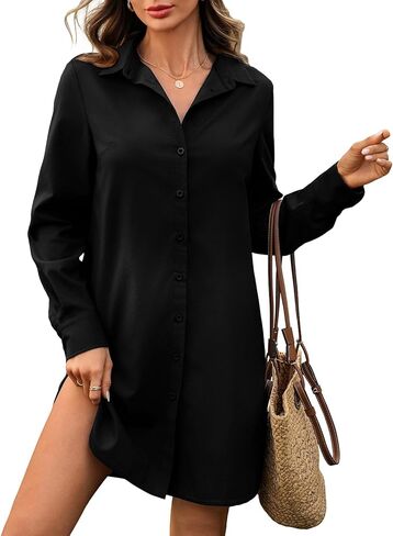 Women's Linen Button Down Shirts Dress Long Sleeve Split Irregular Hem MIni Dress in Kuwait