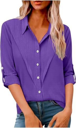 Long Sleeve Shirts for Women Cotton Linen Gauze Button Down Blouses Plus Size Collared Business Casual Work Tops in Saudi Arabia