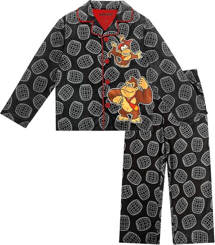 Super Mario Donkey Kong Boy's Pajama Set - 2 Piece Kids Button Down Long Sleeve Coat Style Matching PJs - Official Product in Saudi Arabia