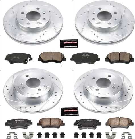 PowerStop Front and Rear Brake Kit For Hyundai Accent 2012-17 | Kia Rio 2012-17 - Drilled and Slotted Disc Rotors with Ceramic Brake Pads Replacement, K6509 in Saudi Arabia