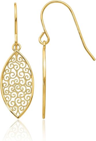 14K Yellow Gold Filigree Teardrop Dangle Drop Earrings for Women Small Polished French Wire Lightweight Gift in Saudi Arabia