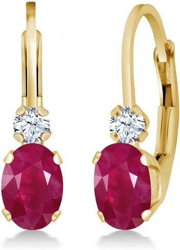 Gem Stone King 14K Yellow Gold Red Ruby and White Created Sapphire Leverback Earrings For Women 1.28 Cttw Gemstone July Birthstone Oval 6X4MM, Round 2MM 3/4 Inch in Saudi Arabia