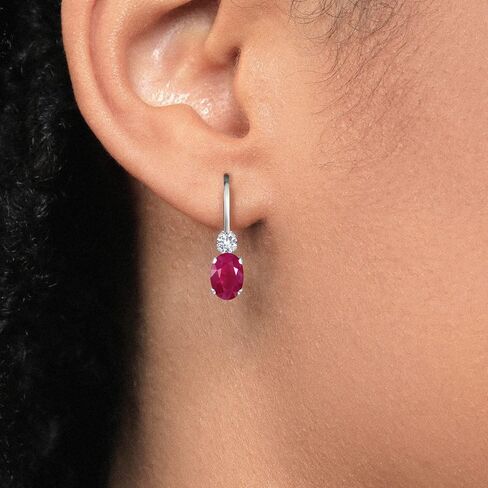 Gem Stone King 14K Yellow Gold Red Ruby and White Created Sapphire Leverback Earrings For Women 1.28 Cttw Gemstone July Birthstone Oval 6X4MM, Round 2MM 3/4 Inch in Saudi Arabia