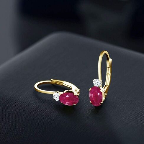 Gem Stone King 14K Yellow Gold Red Ruby and White Created Sapphire Leverback Earrings For Women 1.28 Cttw Gemstone July Birthstone Oval 6X4MM, Round 2MM 3/4 Inch in Saudi Arabia