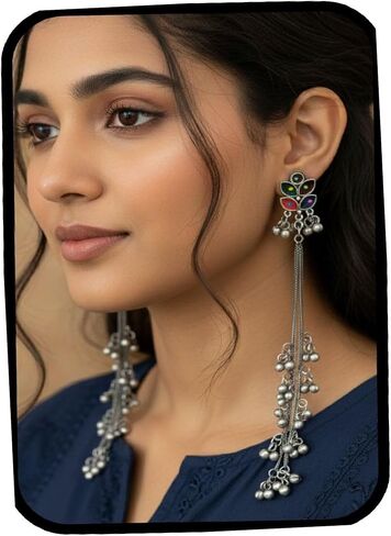 Kashmiri Afghani Indian Earrings for Women Silver Oxidised Boho Statement Long Dangle Jhumka Jhumki Earrings Jewelry in Kuwait