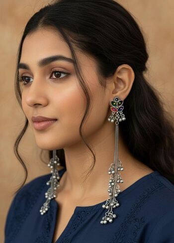 Kashmiri Afghani Indian Earrings for Women Silver Oxidised Boho Statement Long Dangle Jhumka Jhumki Earrings Jewelry in Kuwait