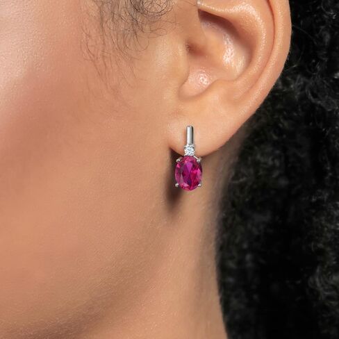 أقراط جيم ستون كينج 4.09 قيراط باللون الأحمر من الياقوت والزركونيا الأبيض للنساء | 925 فضة استرلينية | الأحجار الكريمة جوهرة يوليو | بيضاوي 9 × 7 مم in Kuwait