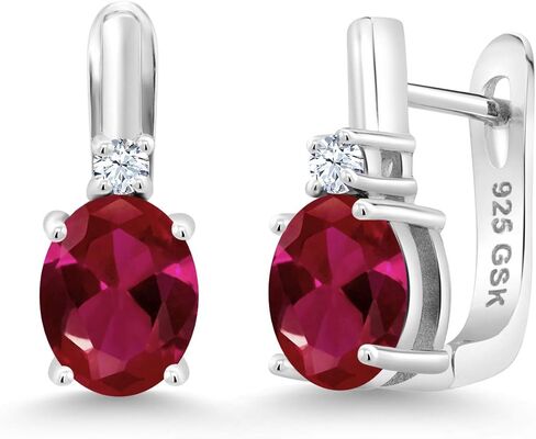 أقراط جيم ستون كينج 4.09 قيراط باللون الأحمر من الياقوت والزركونيا الأبيض للنساء | 925 فضة استرلينية | الأحجار الكريمة جوهرة يوليو | بيضاوي 9 × 7 مم in Kuwait