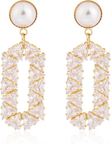 أقراط متدلية من الزركونيا المكعبة باللؤلؤ للنساء، أقراط متدلية هندسية من الفضة الإسترليني لحفلات الزفاف كل يوم in Kuwait