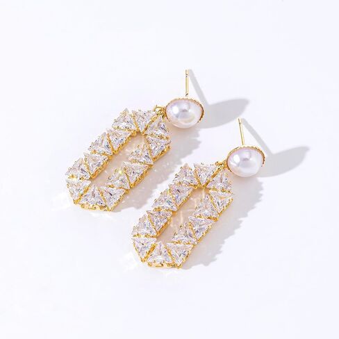 أقراط متدلية من الزركونيا المكعبة باللؤلؤ للنساء، أقراط متدلية هندسية من الفضة الإسترليني لحفلات الزفاف كل يوم in Kuwait