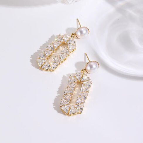 أقراط متدلية من الزركونيا المكعبة باللؤلؤ للنساء، أقراط متدلية هندسية من الفضة الإسترليني لحفلات الزفاف كل يوم in Kuwait