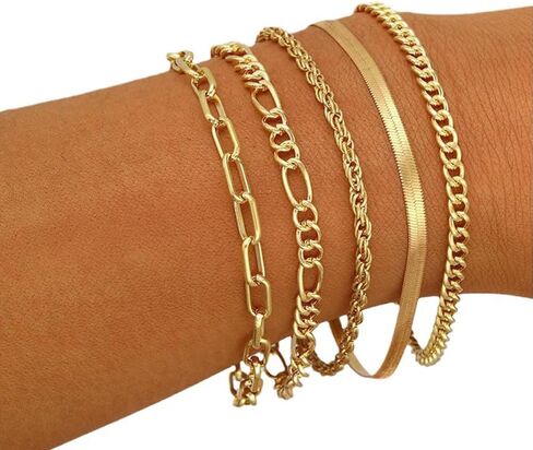 Gold Bracelets for Women Waterproof, 14K Real Gold Jewelry Sets for Women Trendy Thin Dainty Stackable Cuban Link Paperclip Chain Bracelet Pack Fashion Accessories Gifts for Womens in Kuwait