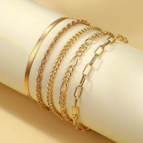 Gold Bracelets for Women Waterproof, 14K Real Gold Jewelry Sets for Women Trendy Thin Dainty Stackable Cuban Link Paperclip Chain Bracelet Pack Fashion Accessories Gifts for Womens in Kuwait