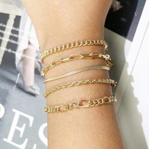 Gold Bracelets for Women Waterproof, 14K Real Gold Jewelry Sets for Women Trendy Thin Dainty Stackable Cuban Link Paperclip Chain Bracelet Pack Fashion Accessories Gifts for Womens in Kuwait