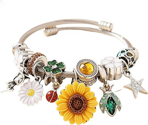 Women's Alloy Charm Bangle Bracelet - Sunflower Daisy Ladybug Floral Insect Charm Bracelet with Rhinestone Star, Fashion Silver Bracelet for Party, Dating & Daily Wear in Kuwait