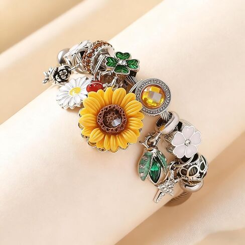Women's Alloy Charm Bangle Bracelet - Sunflower Daisy Ladybug Floral Insect Charm Bracelet with Rhinestone Star, Fashion Silver Bracelet for Party, Dating & Daily Wear in Kuwait