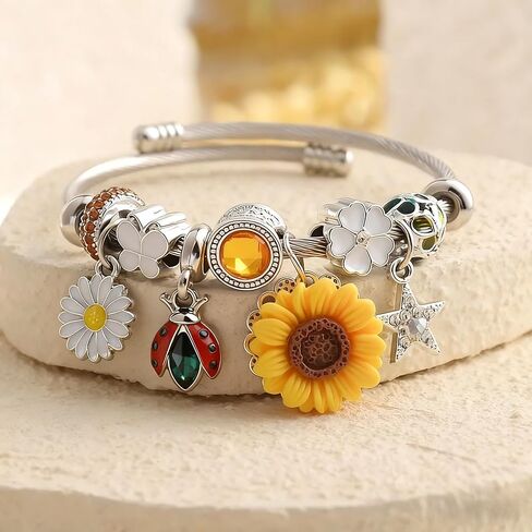Women's Alloy Charm Bangle Bracelet - Sunflower Daisy Ladybug Floral Insect Charm Bracelet with Rhinestone Star, Fashion Silver Bracelet for Party, Dating & Daily Wear in Kuwait