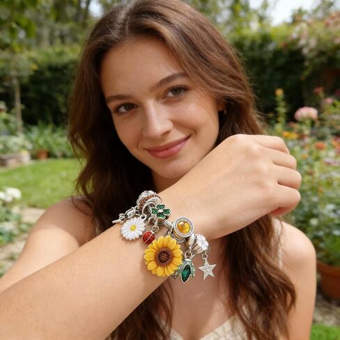 Women's Alloy Charm Bangle Bracelet - Sunflower Daisy Ladybug Floral Insect Charm Bracelet with Rhinestone Star, Fashion Silver Bracelet for Party, Dating & Daily Wear in Kuwait