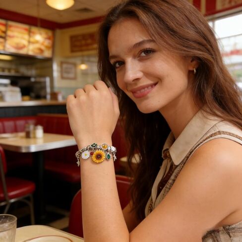 Women's Alloy Charm Bangle Bracelet - Sunflower Daisy Ladybug Floral Insect Charm Bracelet with Rhinestone Star, Fashion Silver Bracelet for Party, Dating & Daily Wear in Kuwait