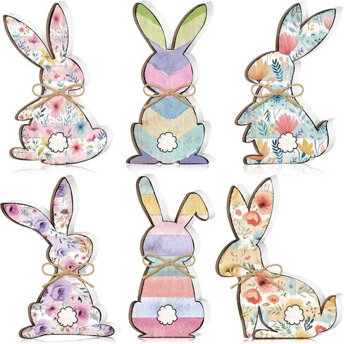 Thinkday 6 Pcs Easter Bunny Wooden Signs Rabbit Spring Table Signs for Home Office Table Wood Bunny Easter Decorations with Ribbons for Tiered Tray Mantel Shelf(White,Simple Style) in Kuwait