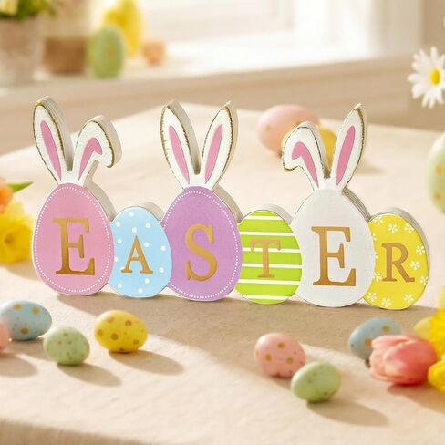 Easter Decorations Table Decor, Rustic Easter Eggs with Bunny Ears Colorful Painted Wooden Sign, Morden Style with Golden EASTER Letter, Farmhouse Style Table Centerpiece Tiered Tray Decoration Set for Home, Mantel, Shelf, Indoor in Saudi Arabia