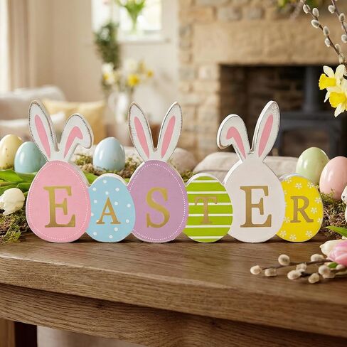 Easter Decorations Table Decor, Rustic Easter Eggs with Bunny Ears Colorful Painted Wooden Sign, Morden Style with Golden EASTER Letter, Farmhouse Style Table Centerpiece Tiered Tray Decoration Set for Home, Mantel, Shelf, Indoor in Saudi Arabia