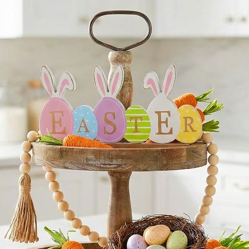 Easter Decorations Table Decor, Rustic Easter Eggs with Bunny Ears Colorful Painted Wooden Sign, Morden Style with Golden EASTER Letter, Farmhouse Style Table Centerpiece Tiered Tray Decoration Set for Home, Mantel, Shelf, Indoor in Saudi Arabia