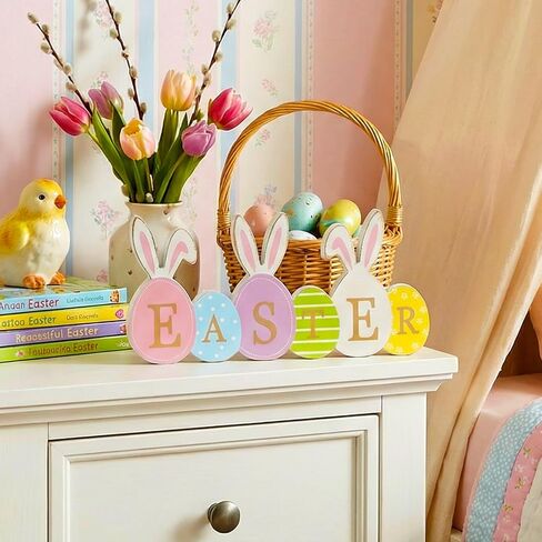 Easter Decorations Table Decor, Rustic Easter Eggs with Bunny Ears Colorful Painted Wooden Sign, Morden Style with Golden EASTER Letter, Farmhouse Style Table Centerpiece Tiered Tray Decoration Set for Home, Mantel, Shelf, Indoor in Saudi Arabia